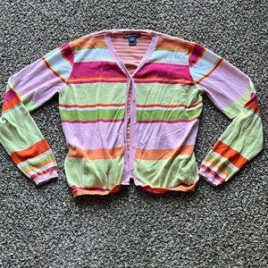 Womens Large Pink & Green/Multicolored Striped Long Sleeve Button up Cardigan